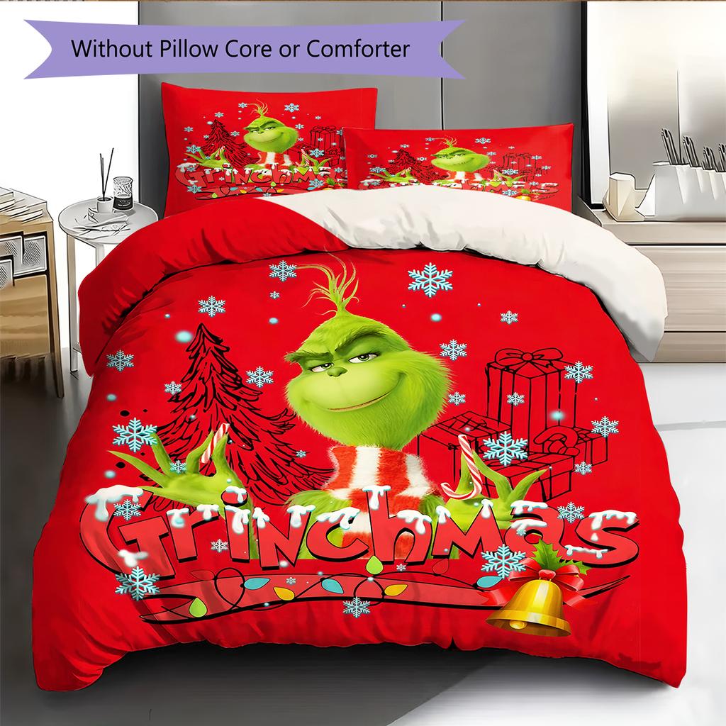 1 Stück Grinch-Muster Bettwäsche Steppdecke Set Bettbezug Kissenbezug Heimdekoration Geburtstagsgeschenk (1 Bettbezug + 2 Kissenbezüge, ohne Füllung)