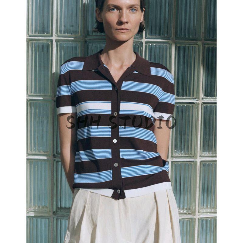 Summer New Product Women's Clothes French Style Preppy Style Short Stripe Knitting Short Sleeve Polo Shirt Collar Top 3920203