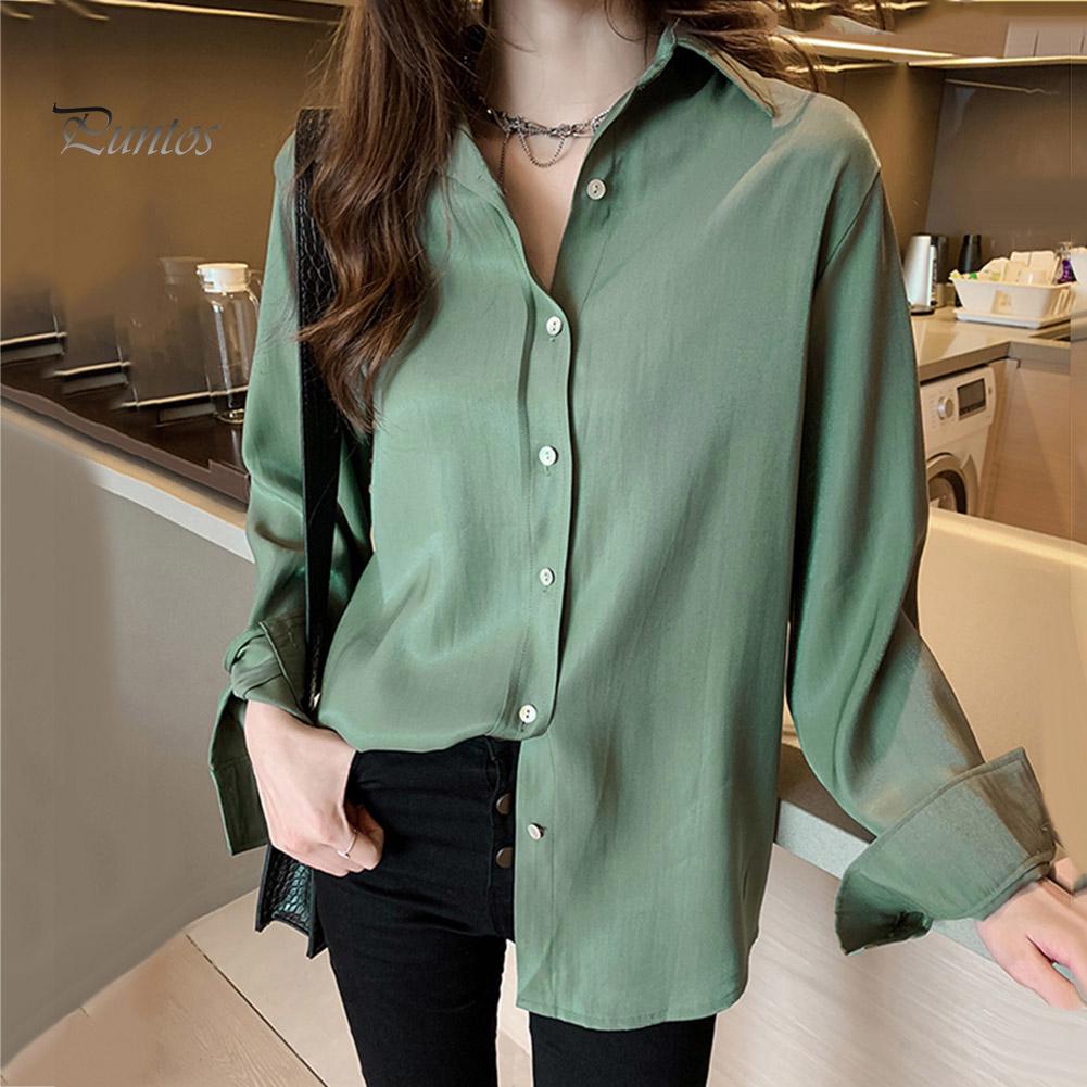 Work Simplicity Solid Buttons Solid Color Turndown Collar Blouses(4 Colors)