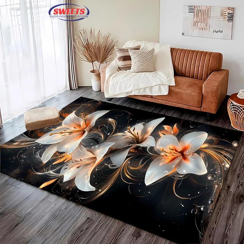 Beautiful Lily Flower Large Carpet for Home Living Room Children's Bedroom, Sofa Doormat Kitchen Floor Rug, Anti-slip Decor Mat