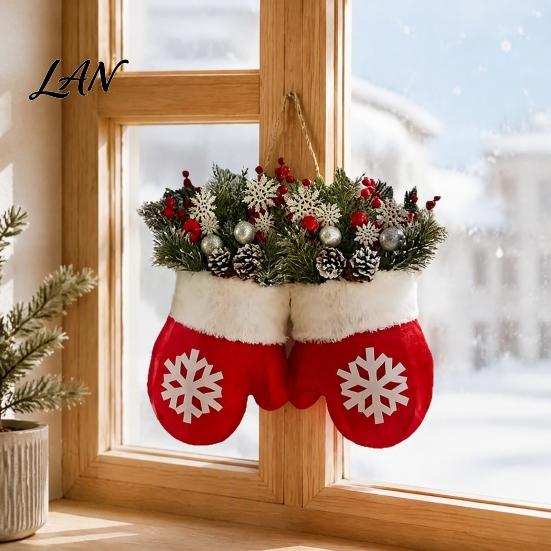 Holiday Front Door Decor Christmas Mitten/Stocking Wreath, Decorative Artificial Wreath with Berries Pine Cones, Cone Berry Branches, Hanging