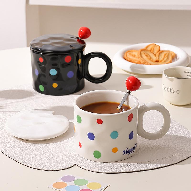 Simple Color Polka Dot Ceramic Cup with Lid Spoon Water Cup Nordic Style Couple Mug Office Coffee Cup