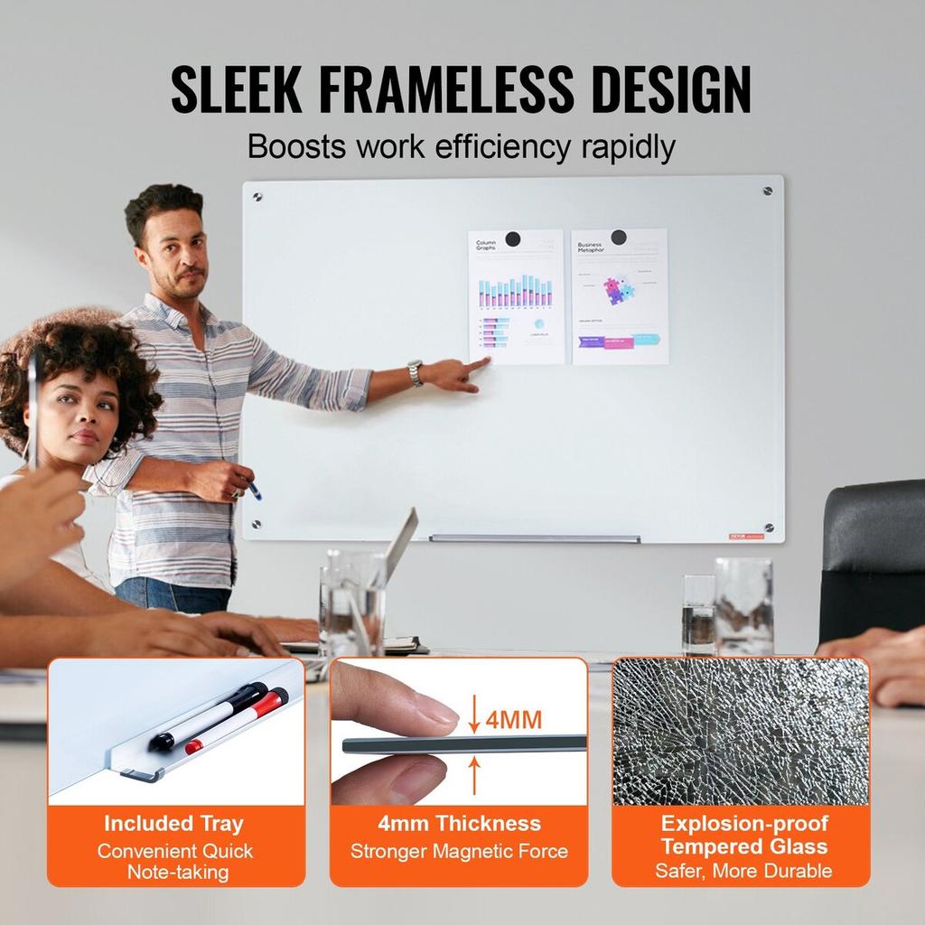 Magnetic Glass Whiteboard, Dry Erase Board 1200 x 800 mm, Wall-Mounted Large White Glassboard Frameless, with Marker Tray, an Eraser and 2 Markers,
