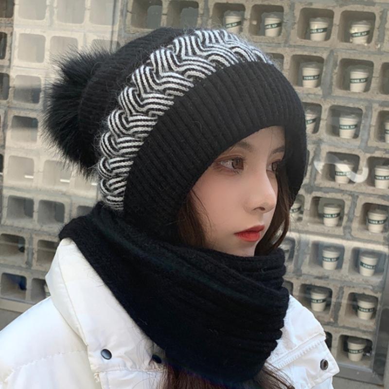 Korean Style Hat Scarf Set Women Winter Warm Cycling Ear for Protection Windproof Knitted Wool Pullover Cap Scarf for Wo