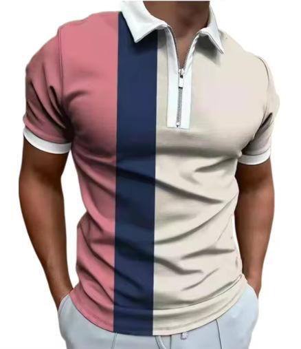 Men's short-sleeved polo shirt Casual business shirt with striped zipper Fashion 2025 summer new zipper polo shirt