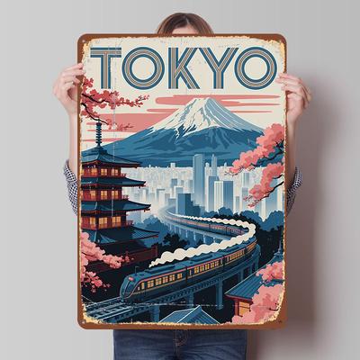 Tokyo Travel With Train and Pagoda Tinplate Poster Custom Wall Art Vintage Metal Signs Retro Tin Plaque for Decoration Gaming