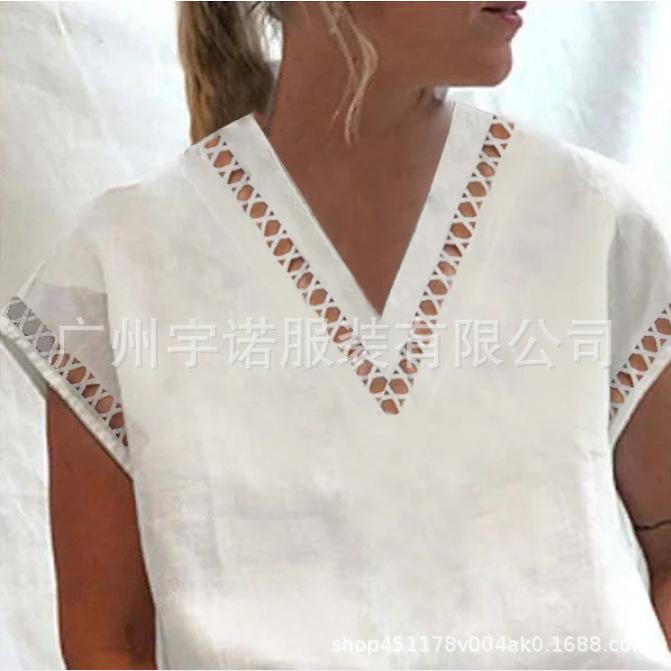2023 Women's European & American Lace Hollow Cotton Linen V-Neck Shirt