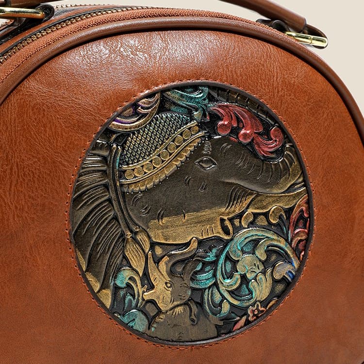 Vintage embossed soft leather small round bag women's shoulder bag