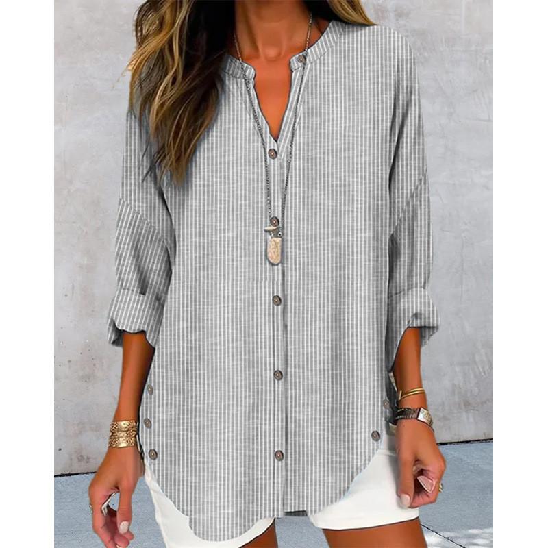 Women Autumn Winter Long Sleeve Stripe Shirt With 3d Effect And Button Details For Casual Office Wear