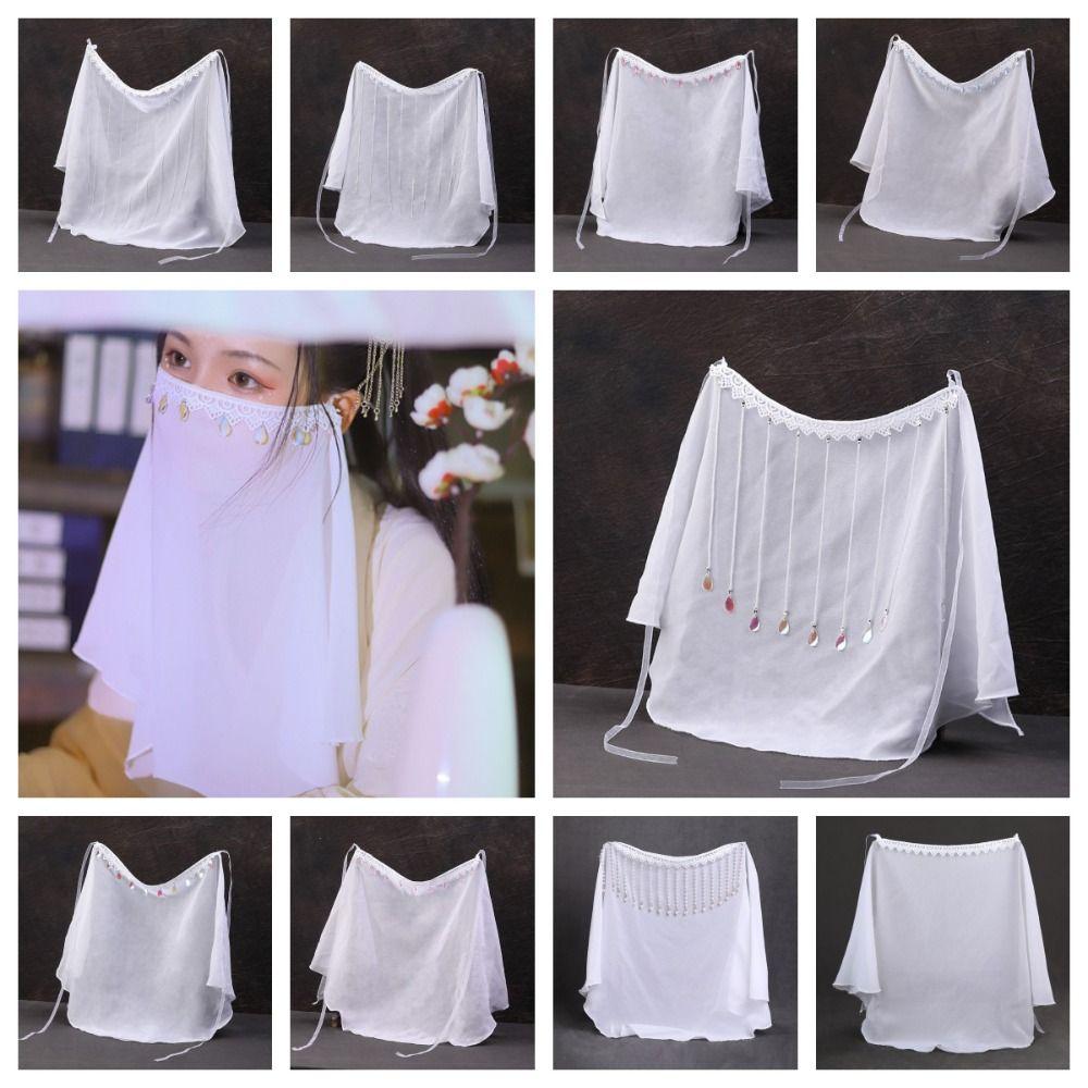 Crystal Hanfu Face Veil Tassel Chinese Hanfu Accessories Face Covering Gauze Classical Dance