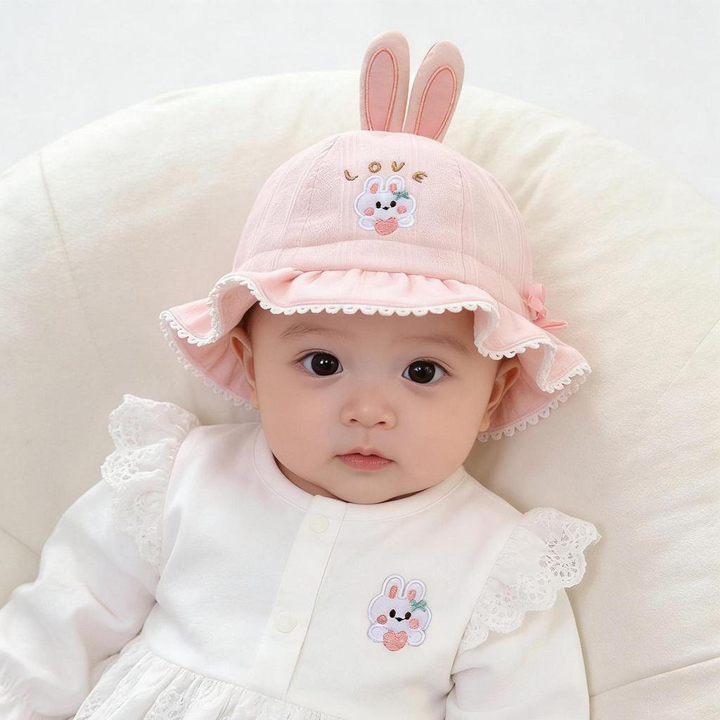 Cute Rabbit Baby Girl Bucket Hat Lace Ruffle Fisherman Cap for Toddler Kids Adjustable Drawstring Basin Caps
