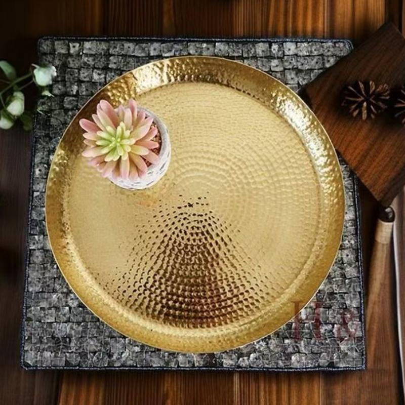 Vintage Engraving Hammer Texture Brass Coffee Cup Tray,Teacup Saucer Home Cheese 35 cm Fruit Plate,Snack Disc Table Decoration