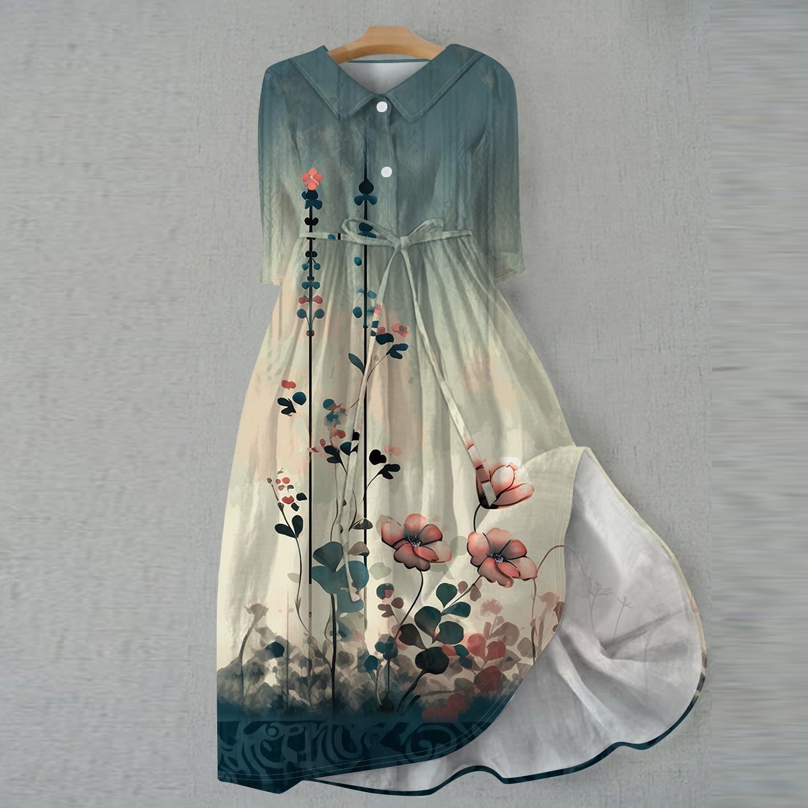 

Женская мода повседневное платье с воротником на лацкане и пуговицами с рукавами 3/4 и бретелями XXXL