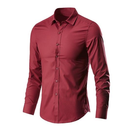 Men Shirt Turn-down Collar Long Sleeve Single-breasted Solid Color Stretchy Slim Fit Soft Plus