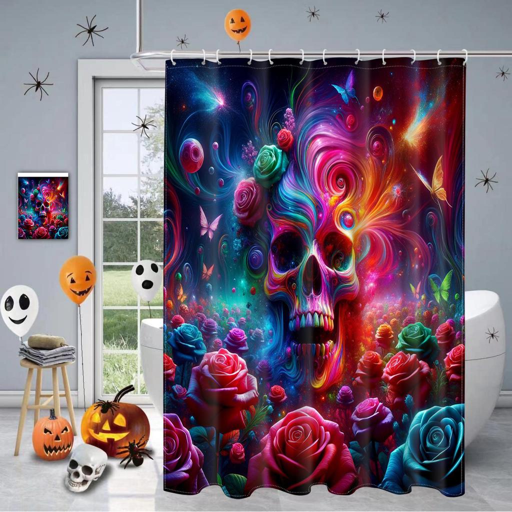 Helloween Theme Flower Skull Pattern Bathing Curtain Bathroom Shower Curtain Waterproof With 12 Hooks Home Deco Free Ship