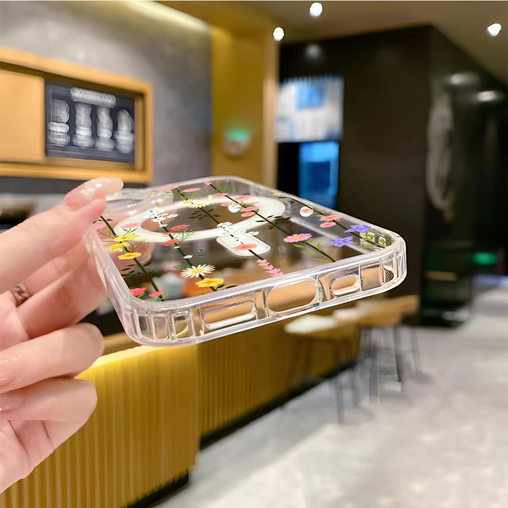 Independent station hot-selling contrasting color fresh flower vine iPhone12 magnetic mobile phone case Apple 17 anti-drop transparent case 16pm