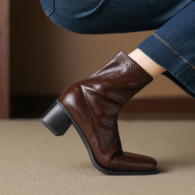 Krazing Pot Microfiber Winter Square Toe Modern Size 33 Boots Basic Size 43 Clothing Thick High Heels Zipper Women Ankle Boots