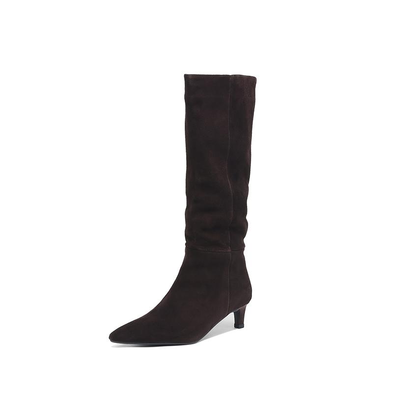 Fashion 2025 New Trend Natural Cow Suede Women Shoes Autumn Winter Slip-On Boots Burgundy High Chunky Heels Pointed Toe Knee High Boots