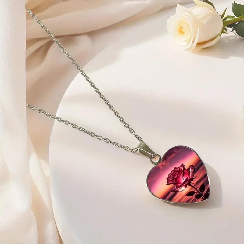 Havsröd Rosmönster Hjärformad Glaslegering Hänge Halsband Tröjkedja