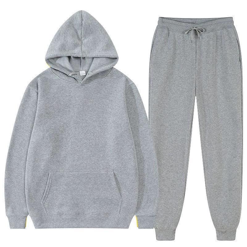 Men's Solid Color Pullover Hoodie Sports Set - Two-Piece Plus Velvet Warm Tracksuit