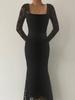 Autumn Winter Women's Elegant Lace Square Neck Pleated Long Dress