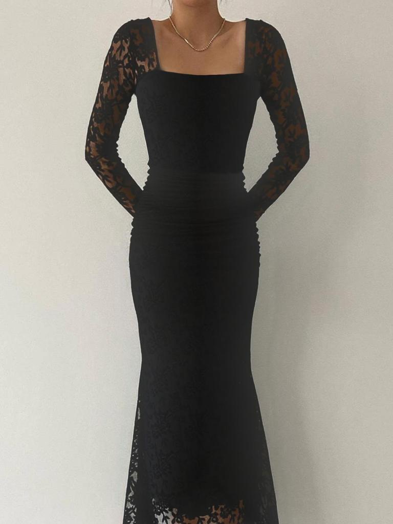 Autumn Winter Women's Elegant Lace Square Neck Pleated Long Dress