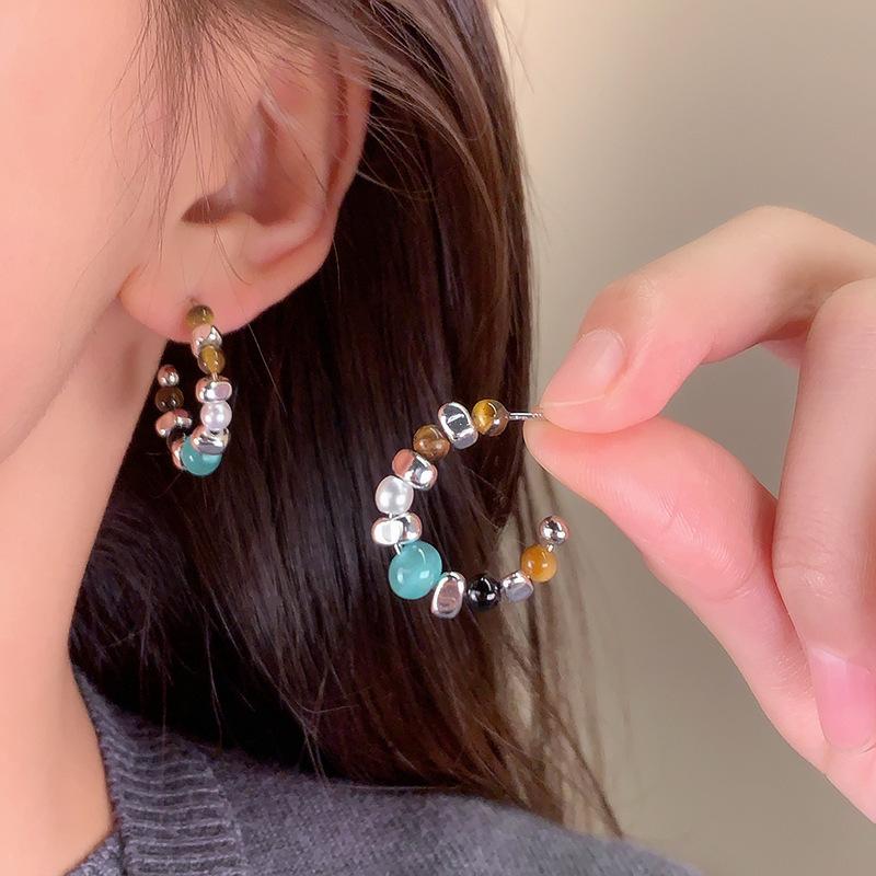Vintage Colorful Round Beaded Hoop Earrings for Women Ladies Ethnic Style Stones Bead Pendant Earrings Party Jewelry Accessories