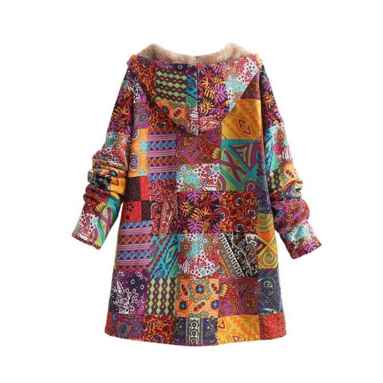 Vintage Women Wind Coat Winter Warm Plush Hooded Cotton Linen Printed Medium Length Coat