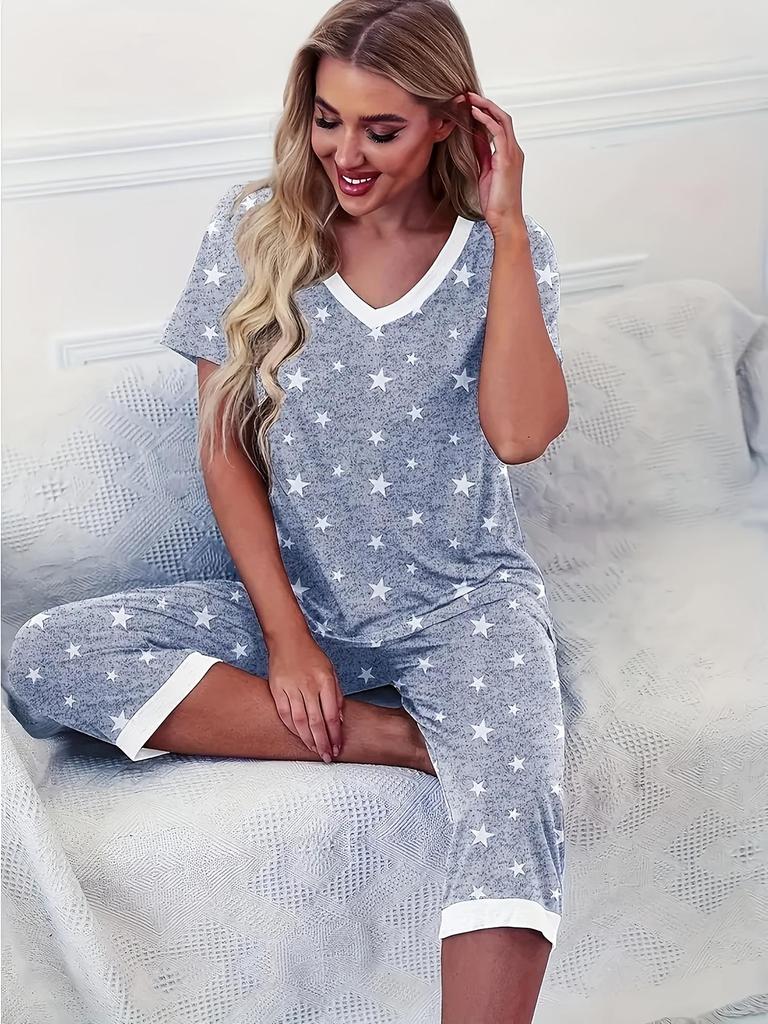 Damen Freizeit Pyjama Set mit Sternenprint - V-Ausschnitt Kurzarm Oberteil & Shorts mit Taschen, Polyester-Mischung, Perfekt für Frühling/Sommer, Pyjama mit entspannter Passform