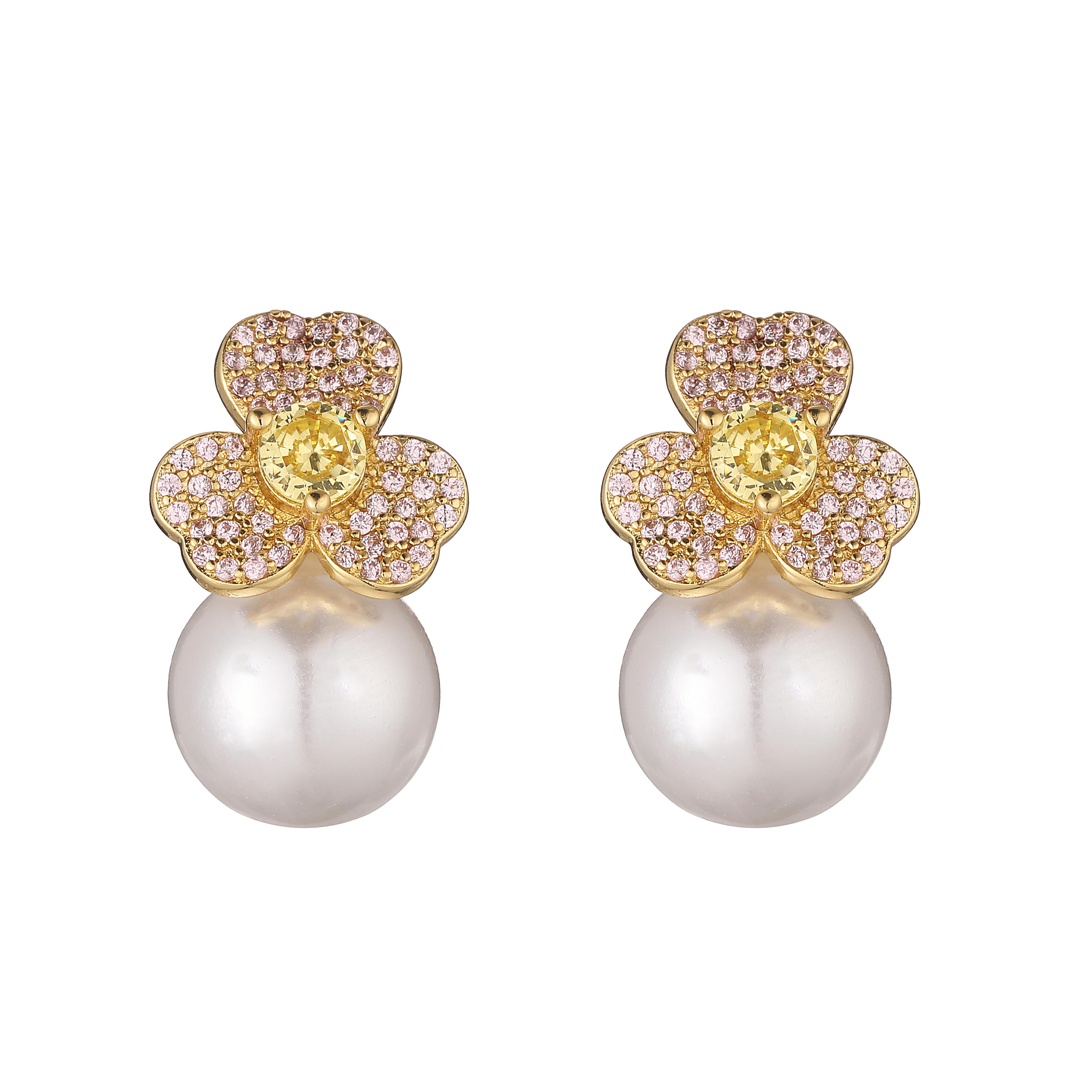

HECHENG,Fashion Flower Pearl Drop Earrings For Women Sweet Zircon Ear Studs Gifts Bijoux Party Wedding Zircon