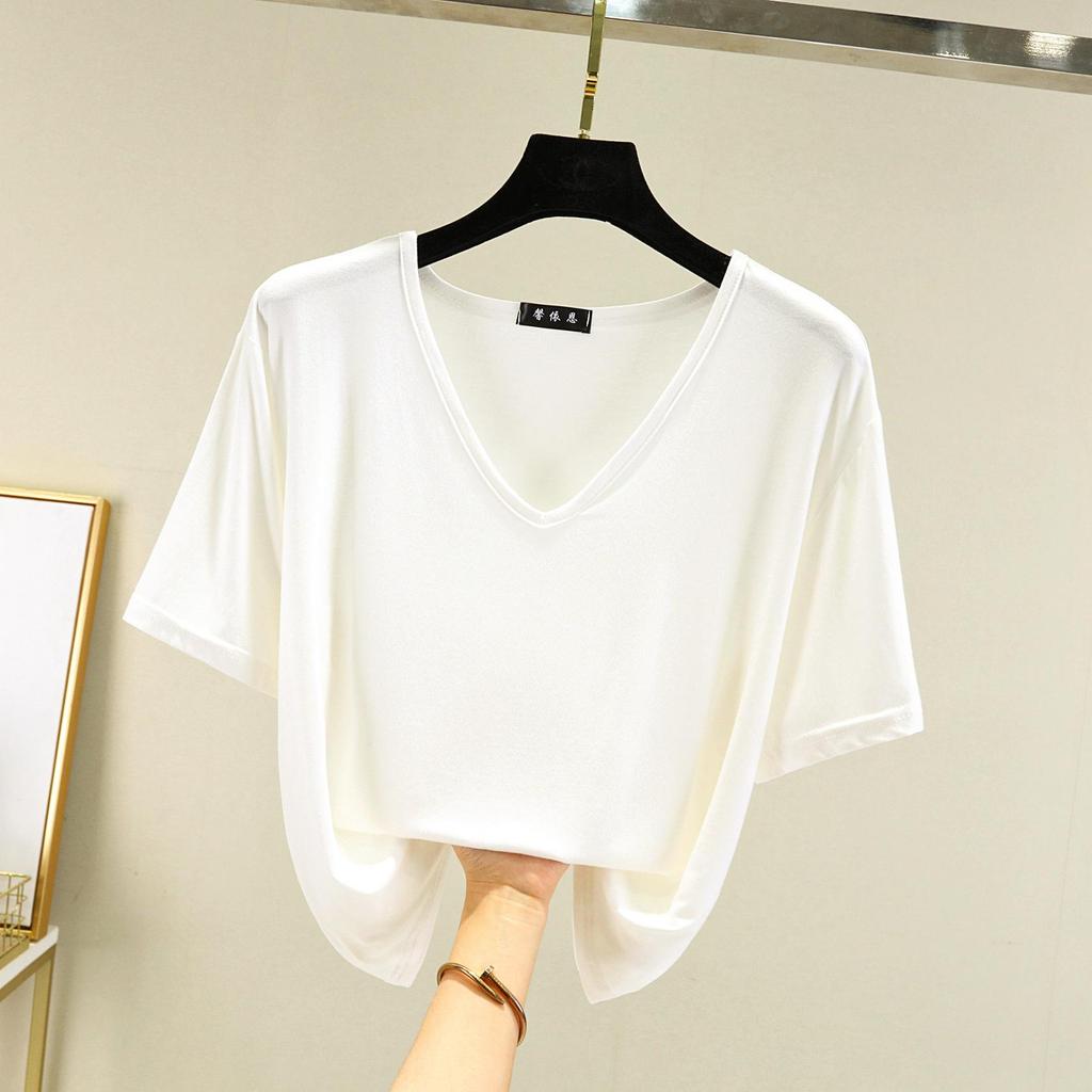 T-shirt da donna Modal scollo a V Maniche corte Top T-shirt casual estive Tinta unita T-shirt basic allentate