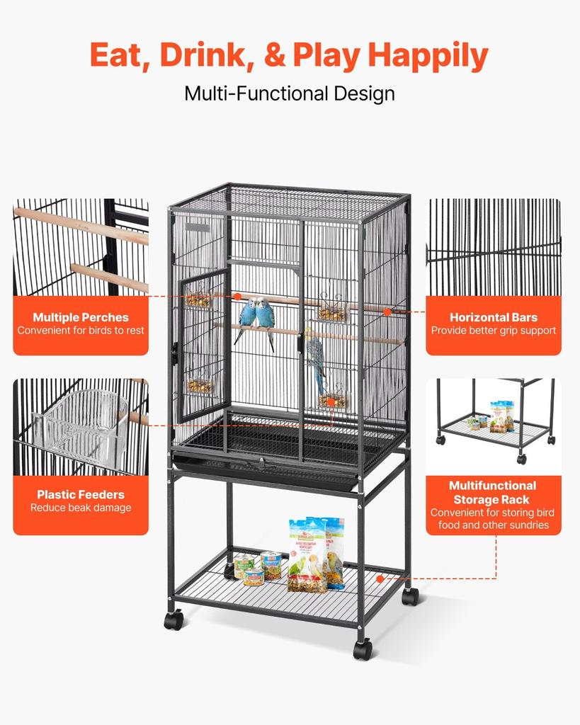 Bird Cage, 625 x 425 x 1370 mm, Flat Top, Wrought Iron Bird Flight Cage with Perches, Slide-Out Tray and Plastic Feeders, Casters, for Parrot, Blue