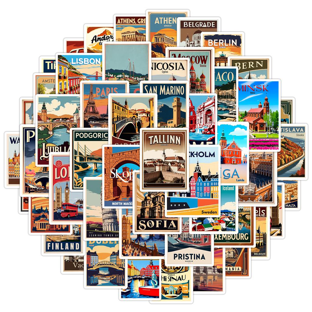 50Pcs European City Travel Stickers Famous Landmark Buildings Decals DIY Trolley Luggage Suitcase Refrigerator Car Sticker