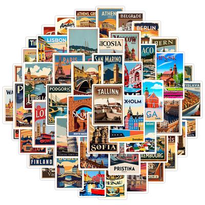 50Pcs European City Travel Stickers Famous Landmark Buildings Decals DIY Trolley Luggage Suitcase Refrigerator Car Sticker