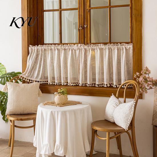 Landhausstil Badezimmerfensterdekoration Boho Kurzer Vorhang, Küche Café Transparenter Vorhang mit Quasten, Vintage Abdeckungen Blumenpflanzen Druck Bauernhaus