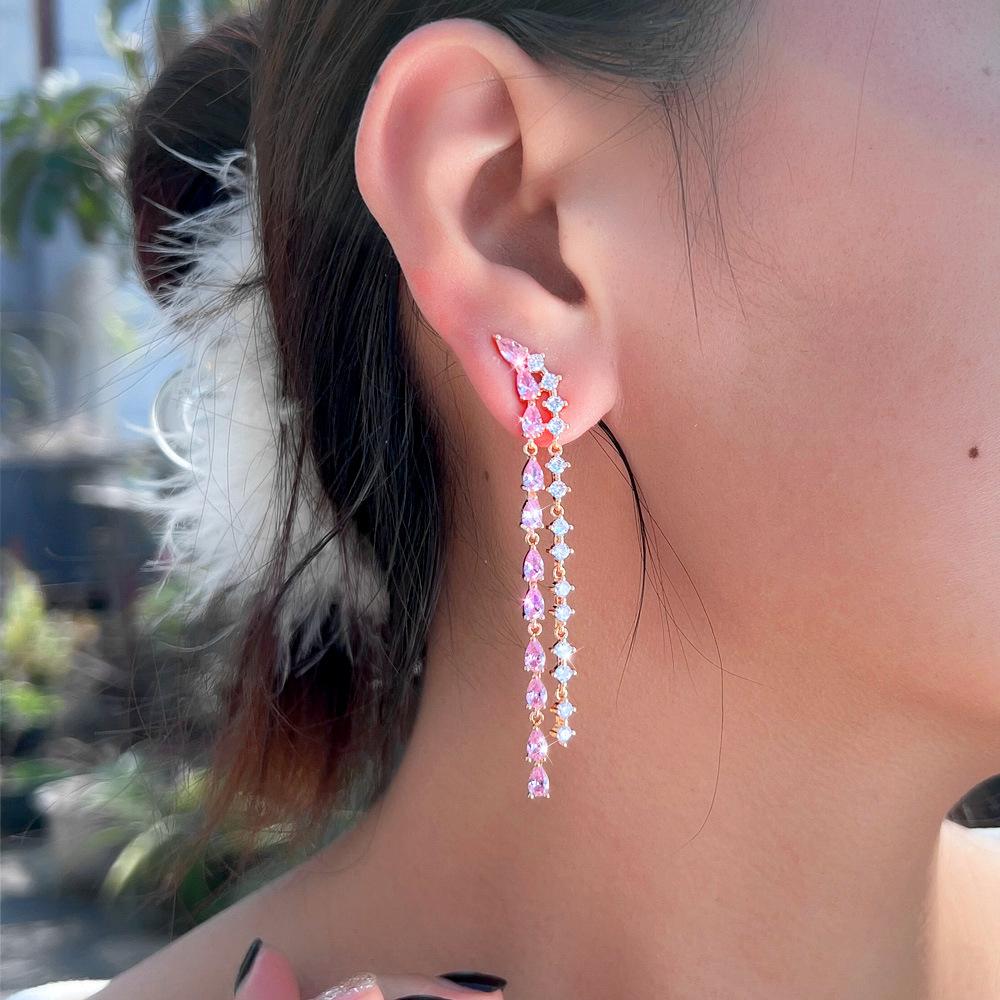 Aiguille Frais Et Doux Vent Féerique Rose Diamant Longues Boucles d'Oreilles à Franges Super Flash Boucles d'Oreilles en Zircon Complet Boucles d'Oreilles