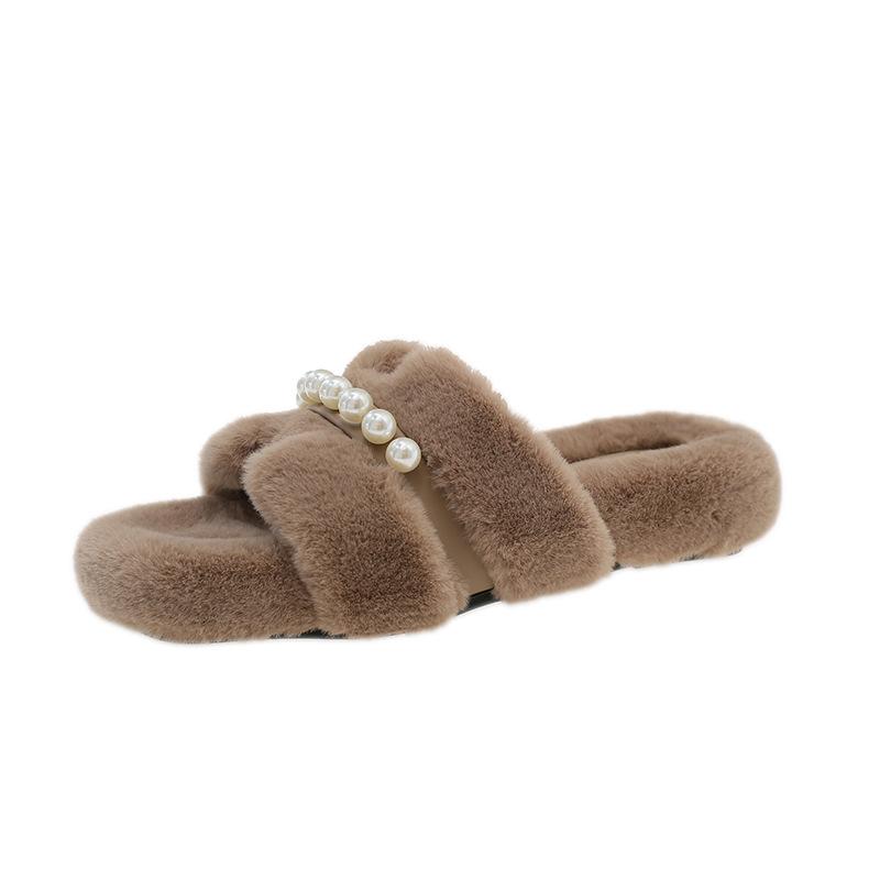 Autumn and winter new girls Xiaoxiangfeng pearl fluffy slippers wear versatile and comfortable thick soles do not tire feet to increase height shoes