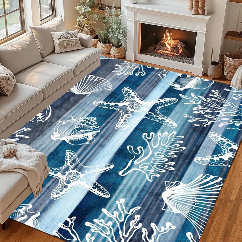 Coastal Ocean Starfish and Seashell Area Rug Blue Gradient Nautical Print Carpet Non-Slip Indoor Floor Mat for Living Room