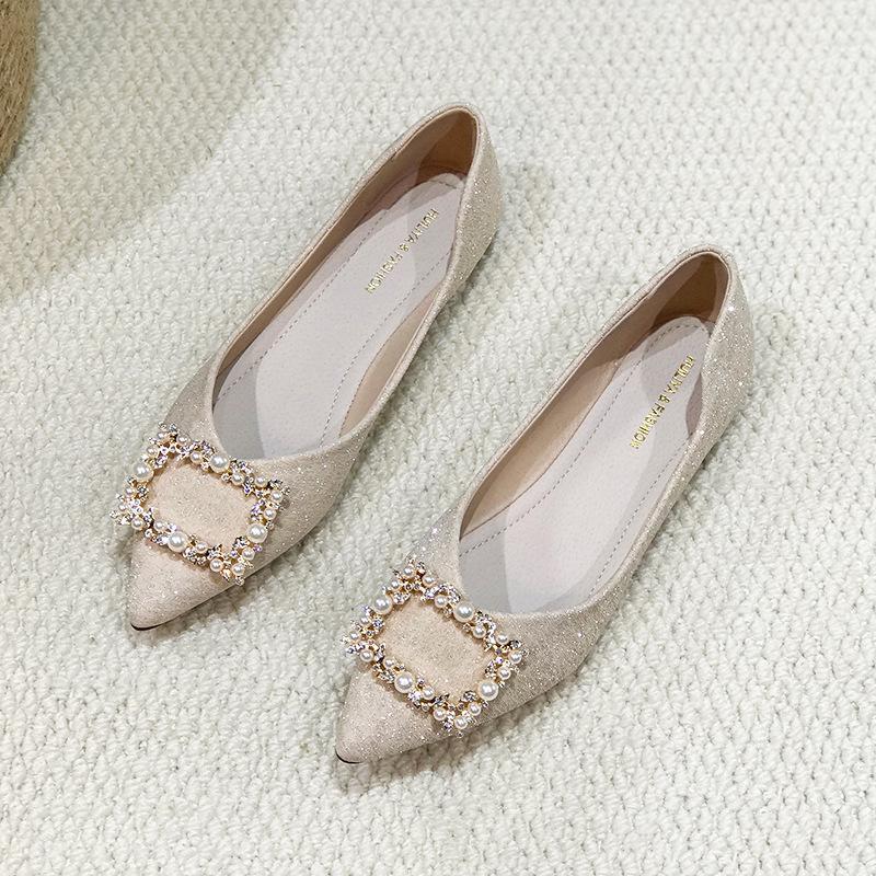 

Новые туфли-лодочки на плоской подошве с острым носком и металлической пряжкой Huiliya, женская обувь, низкий каблук, с мелким вырезом, на мягкой подошве, F188-3 43 золотой