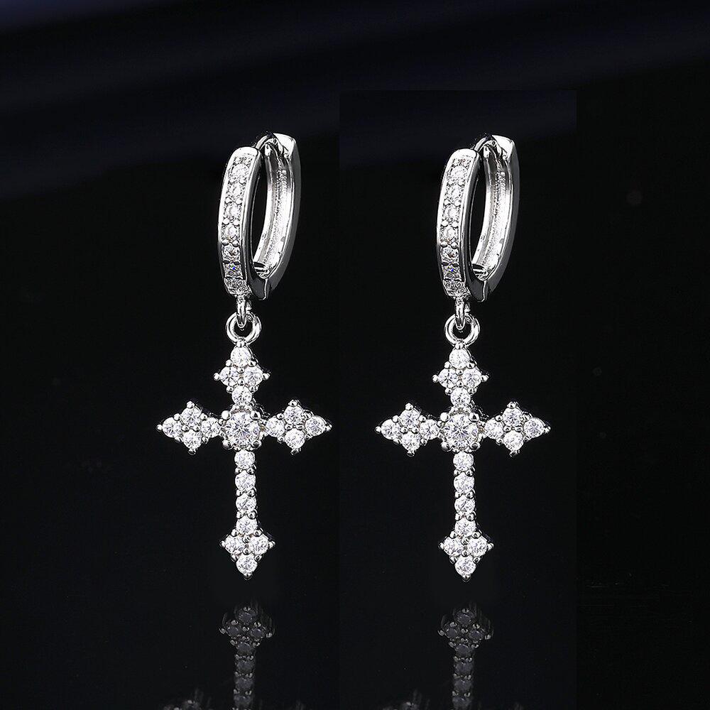 Classic European and American Zircon Inlaid Cross Drop Earrings for Women