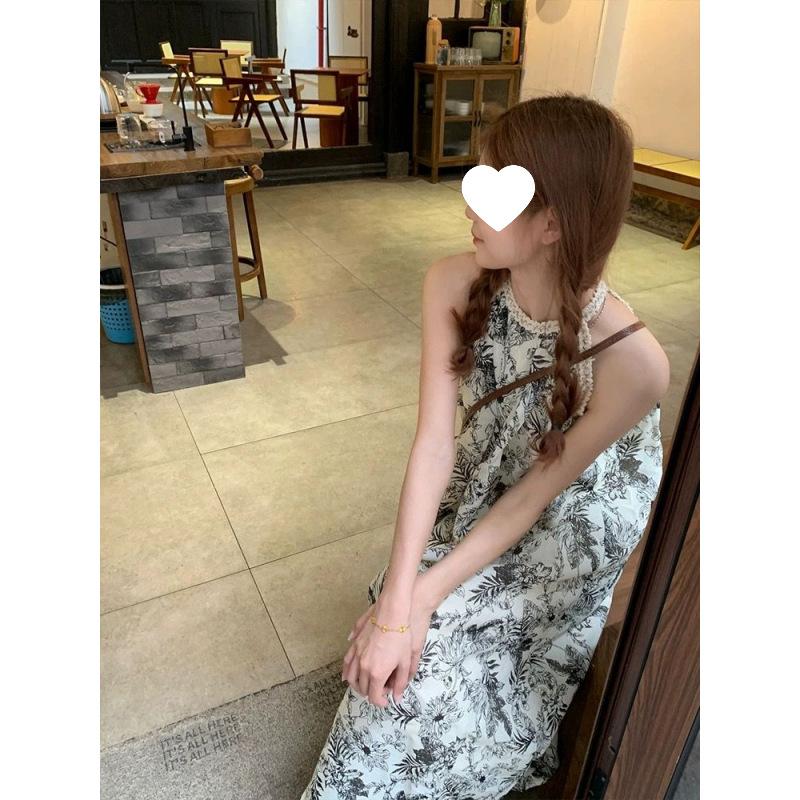 French retro ink painting printing sleeveless neck dress women's summer slim and thin temperament age-reducing medium and long dress