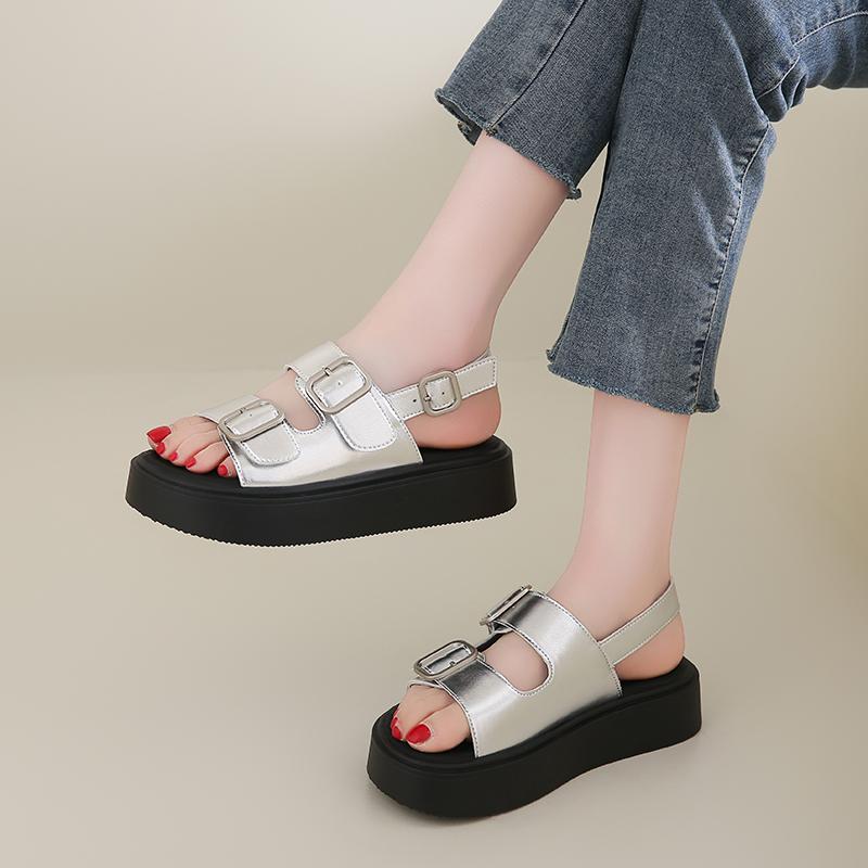 CRLAYDK Platform Sandals for Women Summer Silvery Outdoor Beach Open Toe Slides Ladies Casual Buckle Straps Walking Slippers