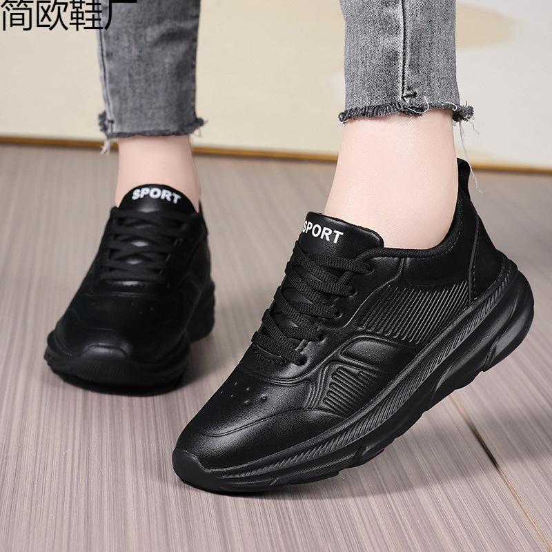 

Women s shoes casual sports shoes fashion leather surface all black spring and autumn waterproof soft sole light and wear-resistant 42 чорний