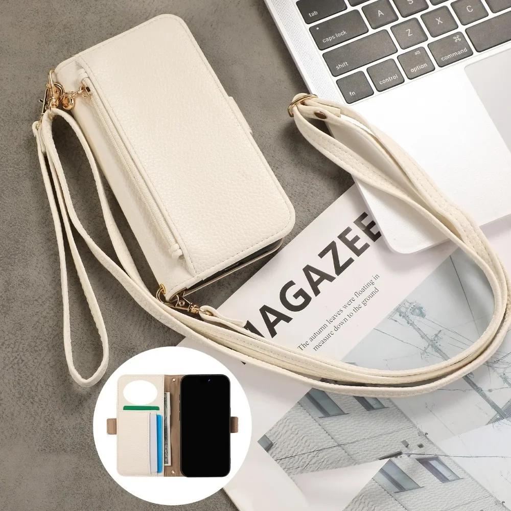 Crossbody Wrist Strap Phone Case for Galaxy S25 Ultra S24 FE S23 S22 S21 S20 Plus A55 A35 A15 A54 Mirror Wallet Card Slots Cover