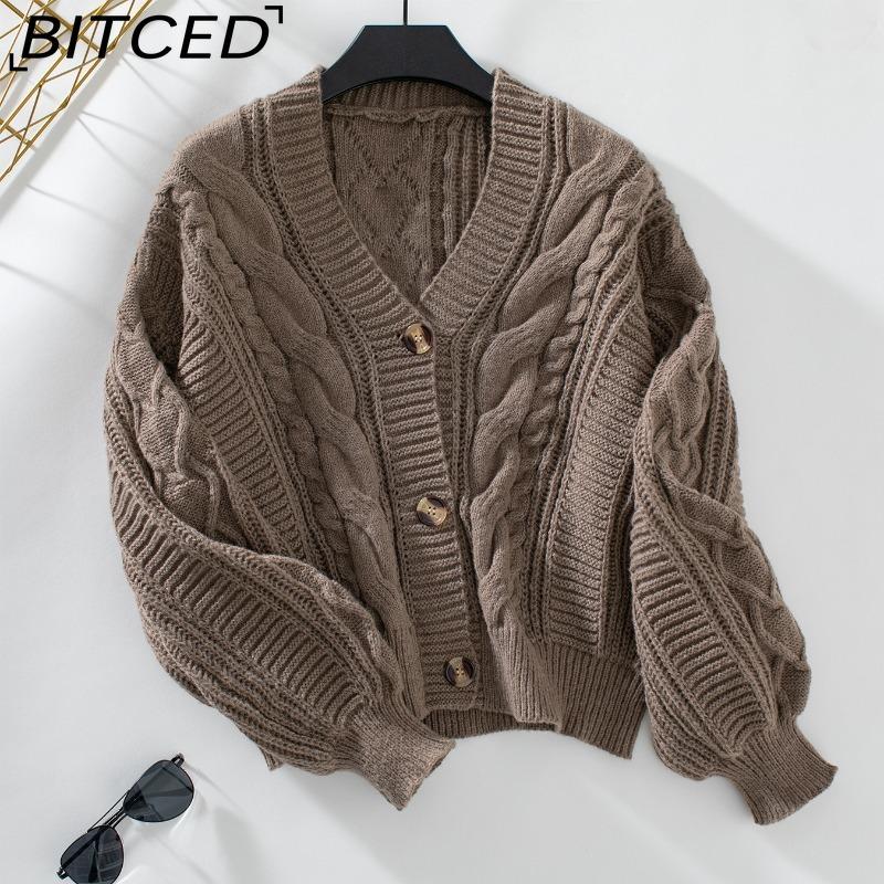 

BITCED Vintage Solid-Colour Cable-Knit Cardigan for Women Autumn/Winter Loose-Fit Button-Front Knitwear Jacket XL верблюд