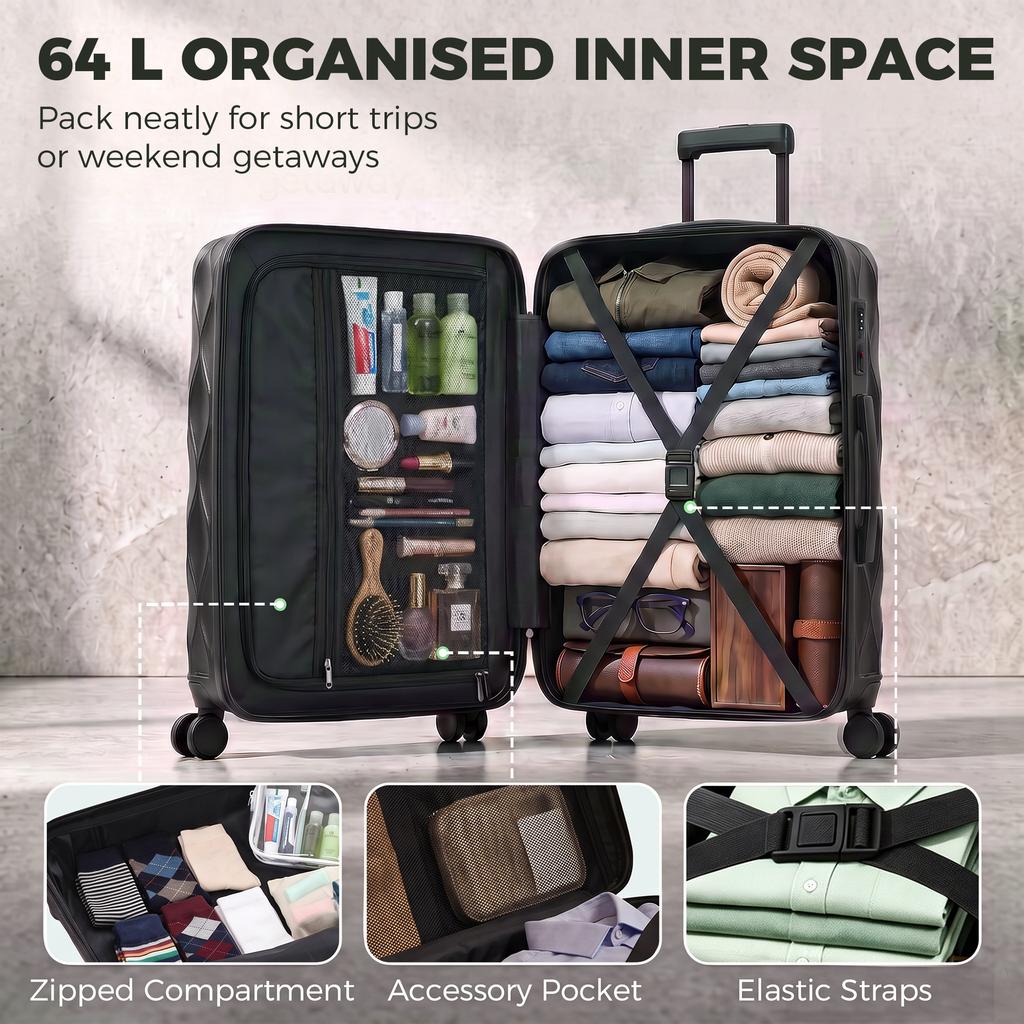 26Inch 65cm 64L Suitcase, ABS Hard Shell Checked Luggage, Black