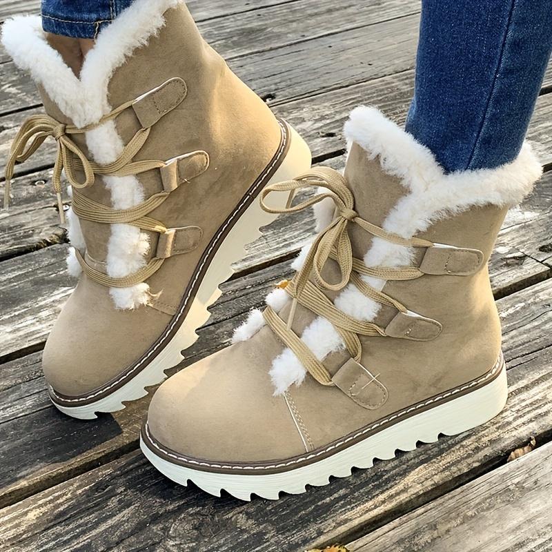 Women's Plush Lined Snow Boots, Solid Color Lace Up Outdoor Anti-Slip Boots, Winter Thermal Outdoor Mid Calf Boots