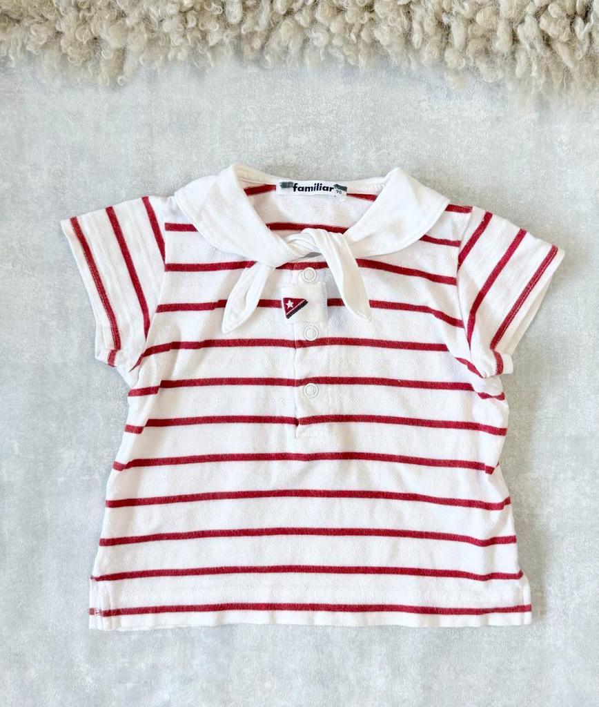 [USED] Familiar 2 piece set, red check dress, sailor collar, striped, size 90