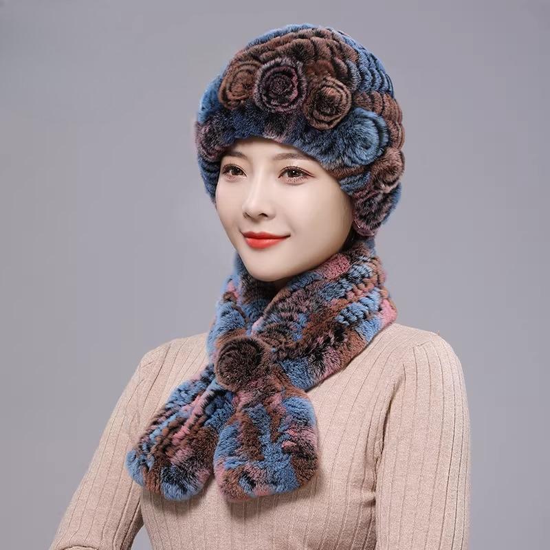 New Rex Rabbit Hair Hat Women's Winter Outdoor Scarf Set Warm Ear Protection Middle-aged and Elderly Fur Fashion