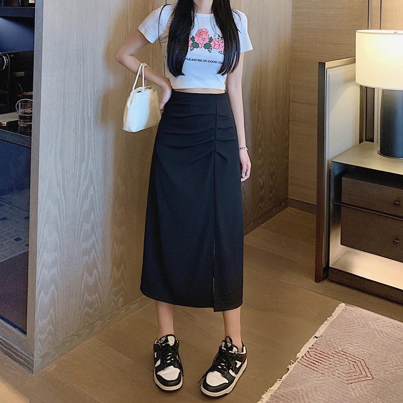 Women's High Waist Pleated Midi Skirt - Early Autumn 2024 Slimming Hip-Hugging A-Line with Slit